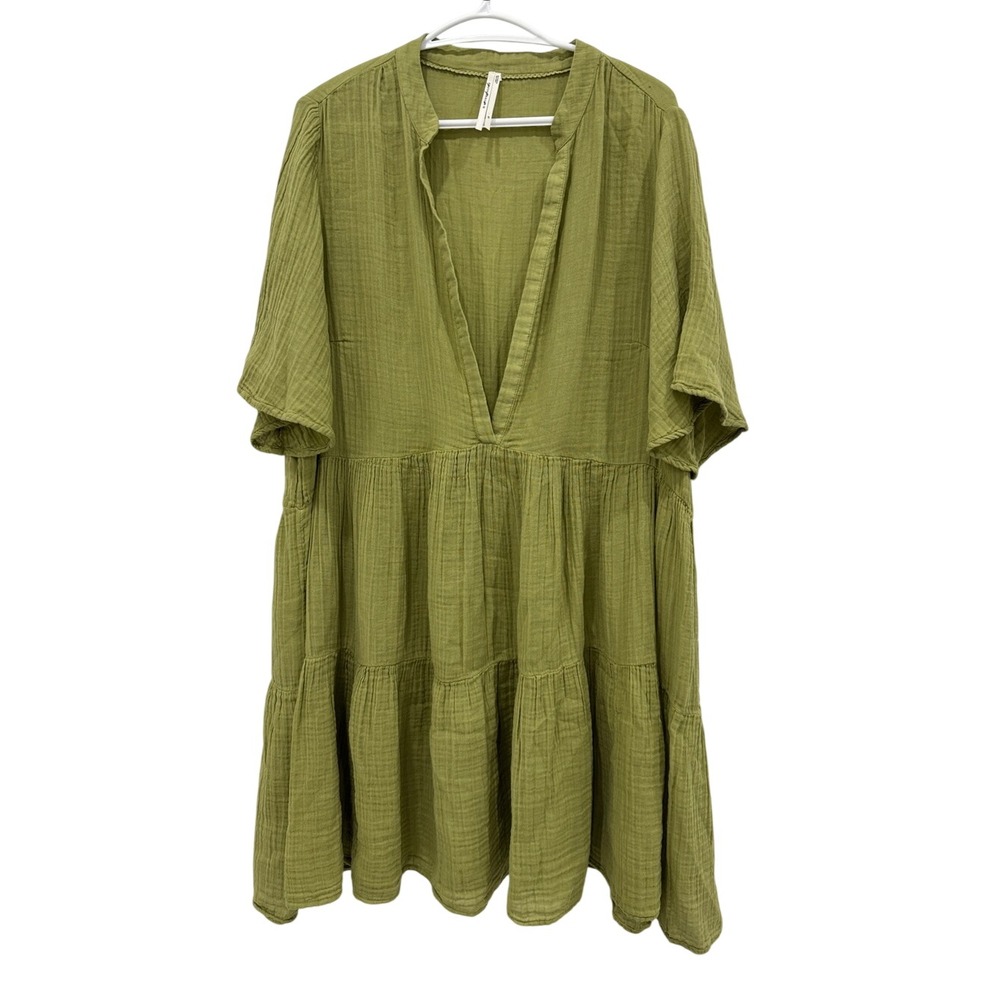 Anthropologie 2X Olive Green Cotton Gauze Tiered Midi Dress V Neck - Picture 1 of 9